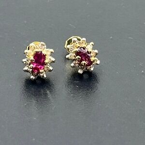 Vintage 14k Two Tone Gold Genuine Ruby & Diamond Halo Stud Small Earrings
